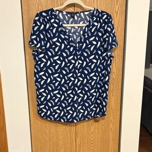 Hilary Radley Blue and White Leaf Print Blouse